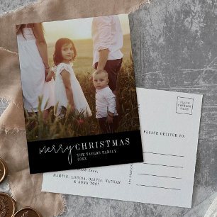 Modern Chic Black Christmas Photo Year in Review Holiday Postcard