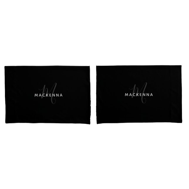 Modern Chic Black Girly Monogram Personalised Name Pillowcase (Front-Set)
