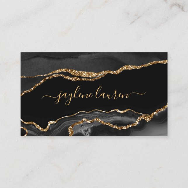Modern Chic Black Gold Faux Agate Marble Business Card (Front)