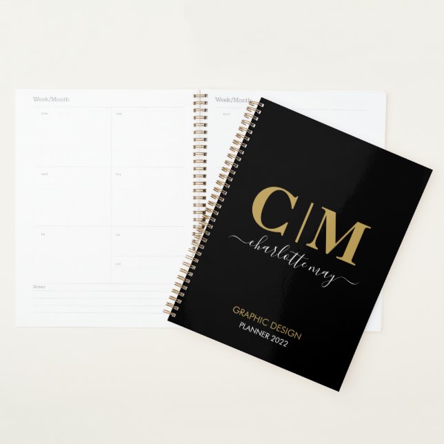 Modern Chic Black Gold Monogram Name Business 2022 Planner (Display)