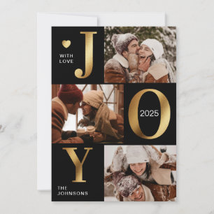 Modern Chic Black Gold Photo Collage Joy Christmas Holiday Card