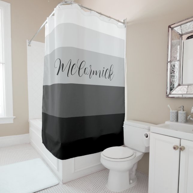 Modern Chic Black Grey White Script Monogram Shower Curtain (In Situ)
