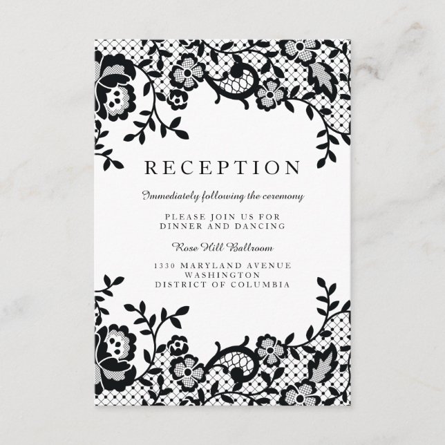 Modern Chic Black Lace Formal Wedding Reception Enclosure Card (Front)