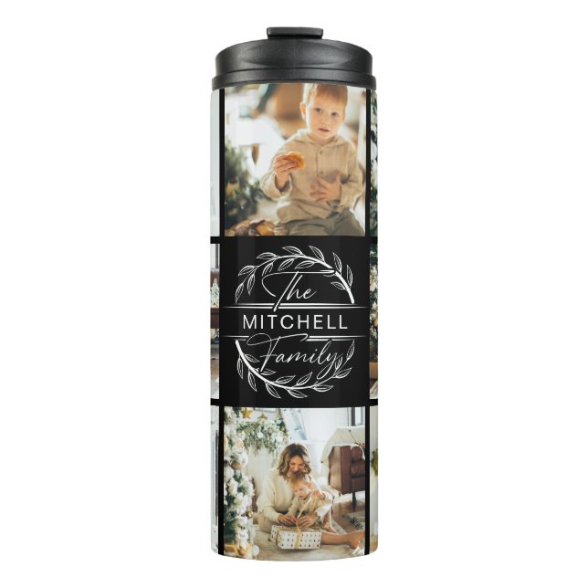 Modern Chic Black Monogrammed & Photo Collage Thermal Tumbler (Front)