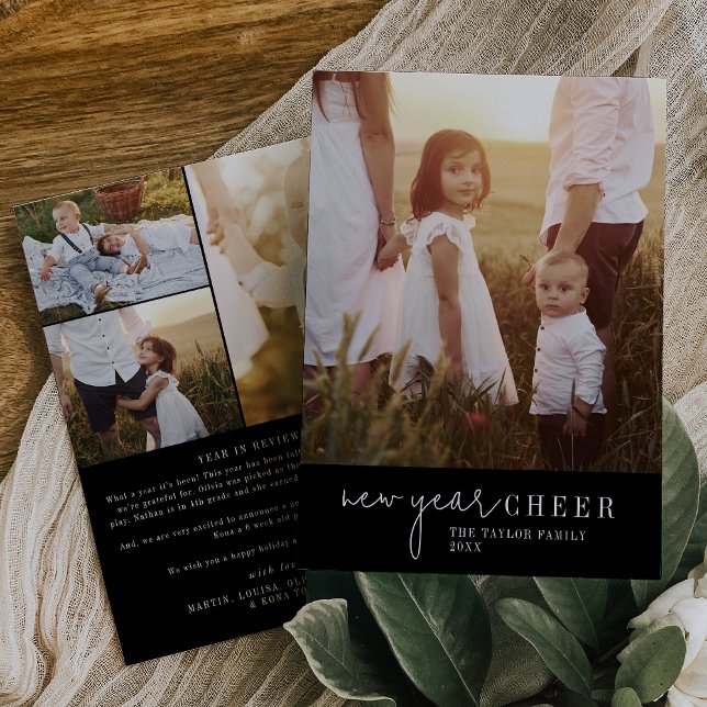 Modern Chic | Black New Year Photo Year in Review Holiday Card (Creator Uploaded)