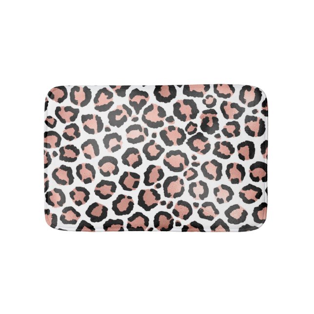 Modern Chic Black Rose Gold Foil Leopard Print Bath Mat (Front)