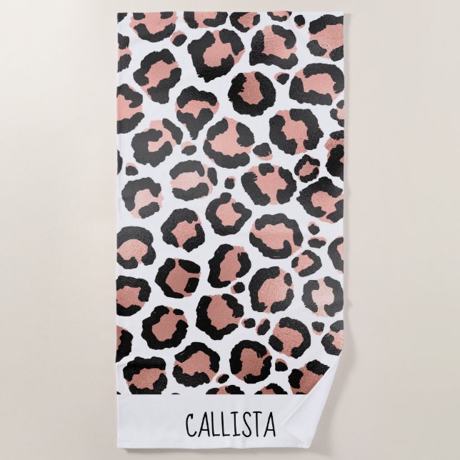 Modern Chic Black Rose Gold Foil Leopard Print Beach Towel (Front)