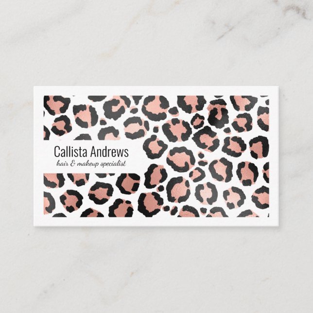 Modern Chic Black Rose Gold Foil Leopard Print Business Card (Front)