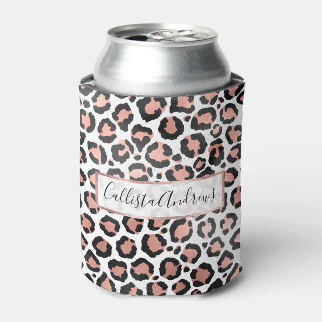 Modern Chic Black Rose Gold Foil Leopard Print Can Cooler (Can Front)