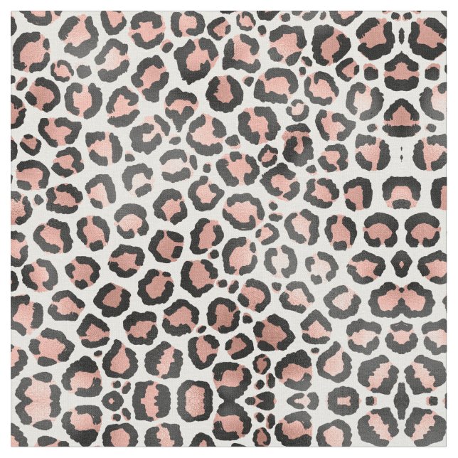 Modern Chic Black Rose Gold Foil Leopard Print Fabric (Close Up)