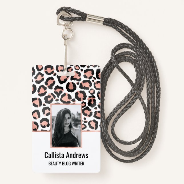 Modern Chic Black Rose Gold Foil Leopard Print ID Badge (Front with Lanyard)