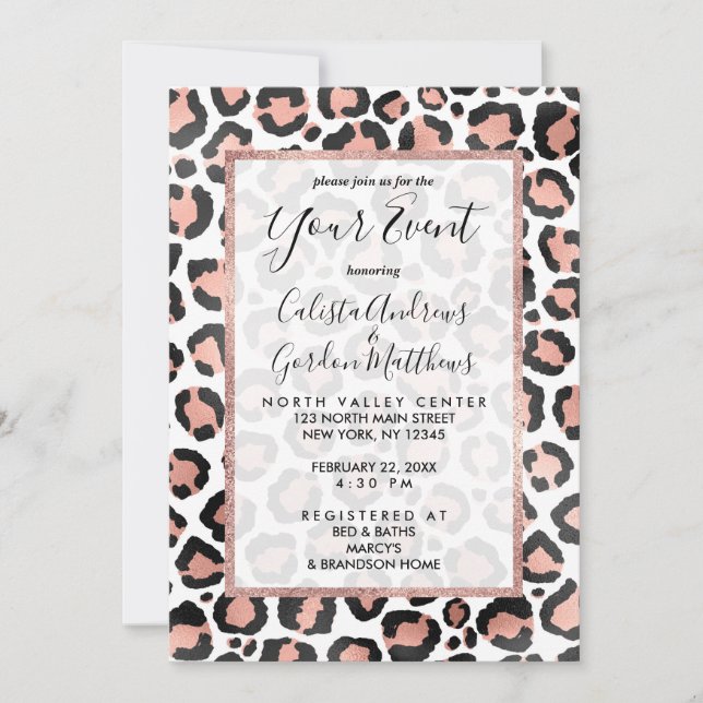 Modern Chic Black Rose Gold Foil Leopard Print Invitation (Front)