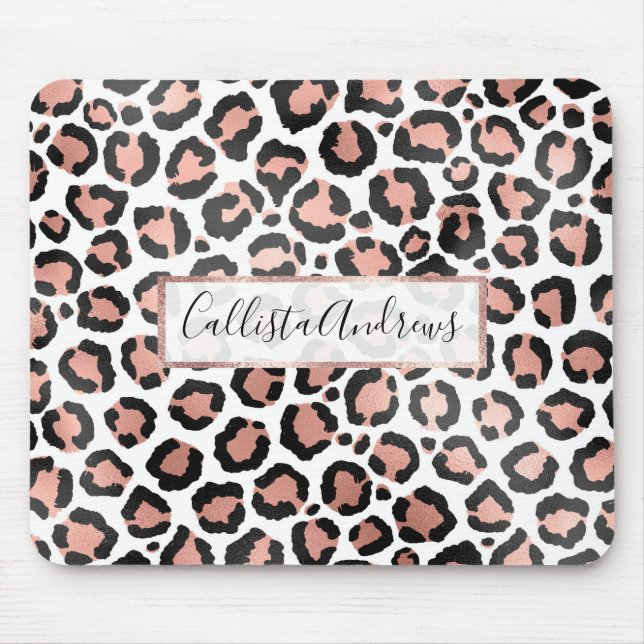 Modern Chic Black Rose Gold Foil Leopard Print Mouse Mat (Front)
