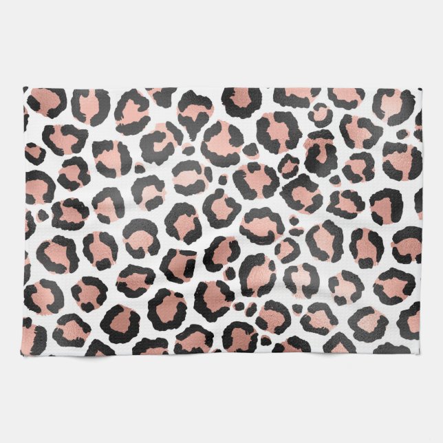 Modern Chic Black Rose Gold Foil Leopard Print Tea Towel (Horizontal)