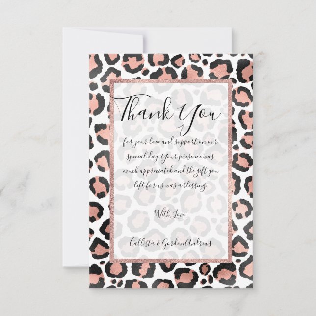 Modern Chic Black Rose Gold Foil Leopard Print Thank You Card (Front)