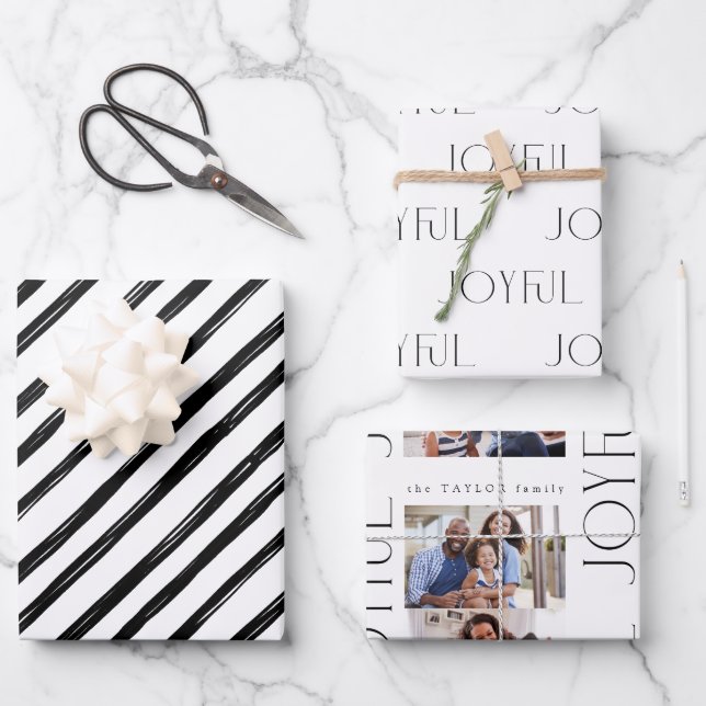 Modern Chic Black Stripes Joyful Photo Christmas Wrapping Paper Sheet (Front)