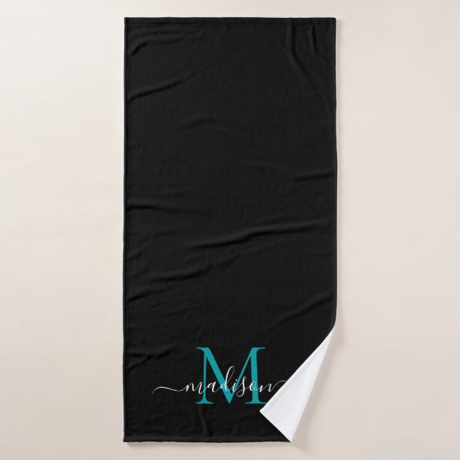 Modern Chic Black Teal Green Monogram Script Name Bath Towel (Bath Towel)