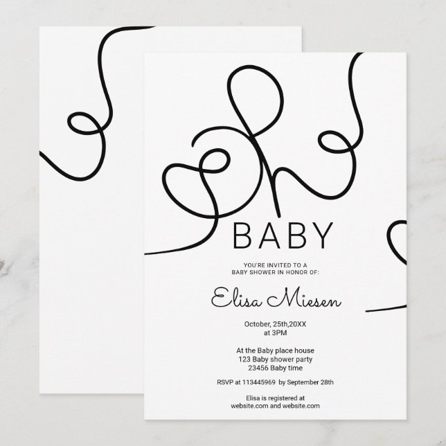 Modern chic black white calligraphy Oh baby shower Invitation (Front/Back)
