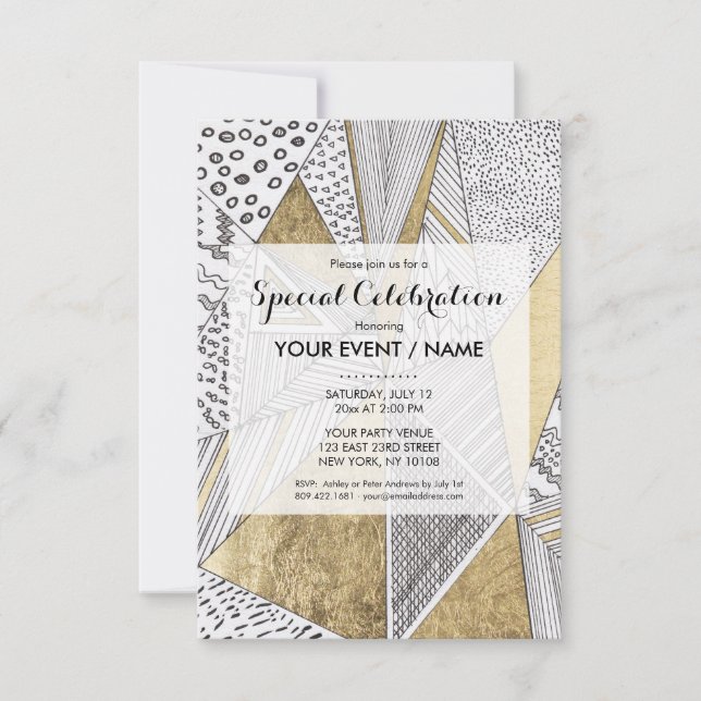 Modern chic black white faux gold geometrical invitation (Front)