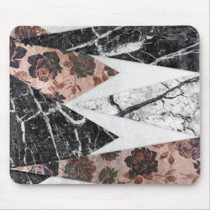 Modern Chic Black White Marble and Rose Gold Geo Mouse Mat