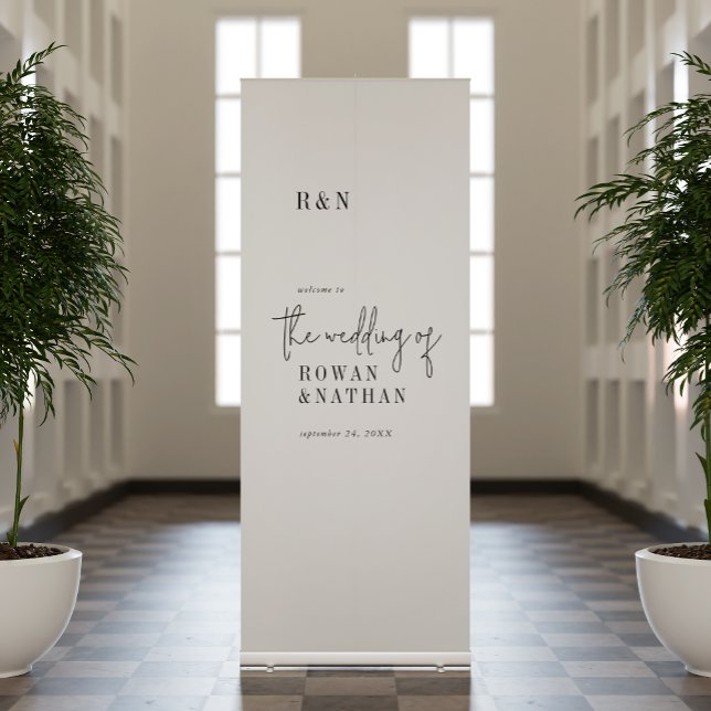 Modern Chic Black White Monogram Wedding Welcome Retractable Banner (Creator Uploaded)