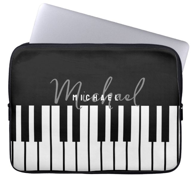 Modern Chic Black & White Piano Keyboard Monogram Laptop Sleeve (Front)