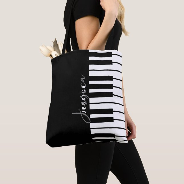Modern Chic Black & White Piano Keyboard Monogram Tote Bag (Close Up)
