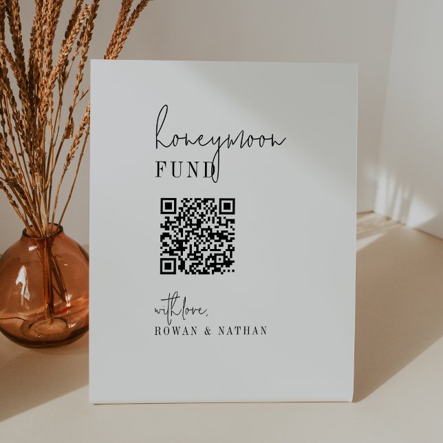 Modern Chic Black White QR Code Honeymoon Fund  Pedestal Sign (Creator Uploaded)