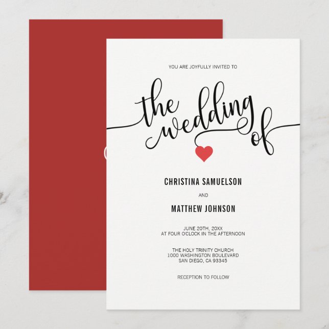 Modern Chic Black, White RED Heart Wedding Invitation (Front/Back)