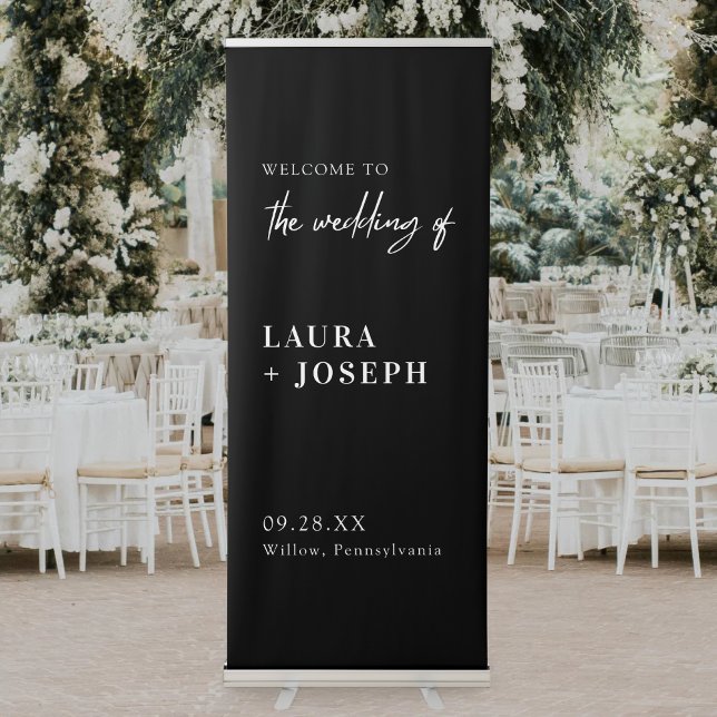 Modern Chic Black White Script Wedding Welcome Retractable Banner (Modern chic black white script banner adds a stylish, welcoming touch to your wedding.)