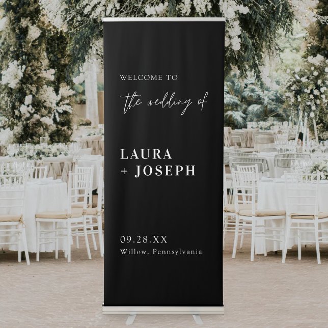 Modern Chic Black White Script Wedding Welcome Retractable Banner (Modern chic black white script banner creates a warm, stylish wedding welcome.)