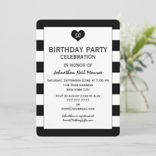 Modern Chic Black & White Stripes Birthday Invitation