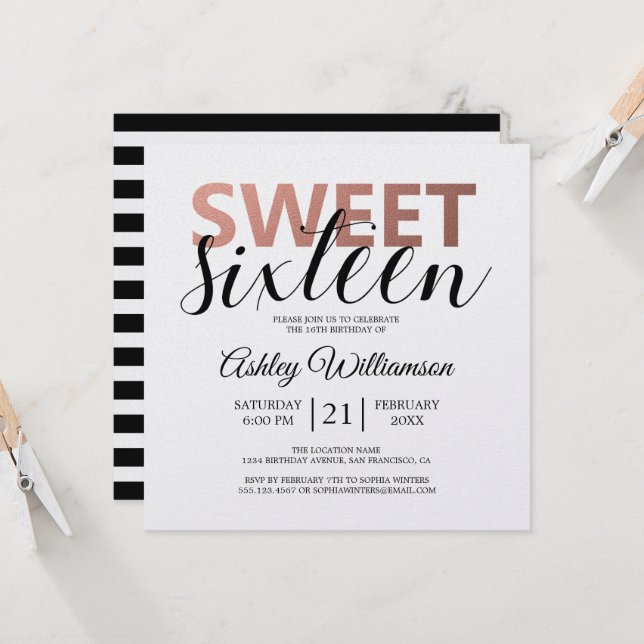 Modern Chic Black White Stripes Pink Sweet 16 Invitation (Front/Back In Situ)