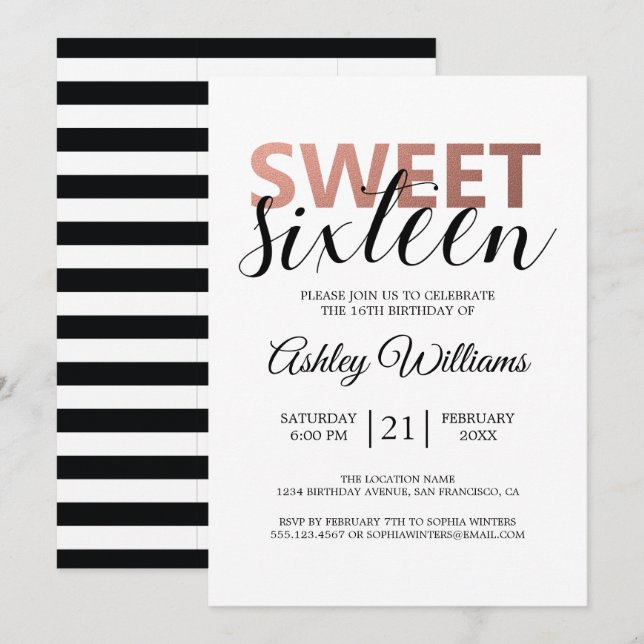 Modern Chic Black White Stripes Pink Sweet 16 Invitation (Front/Back)