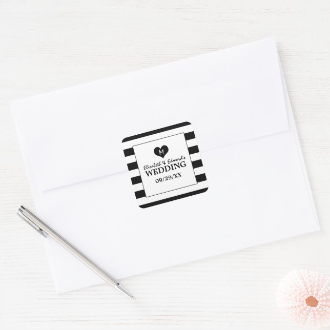 Modern Chic Black & White Wedding Square Sticker (Envelope)