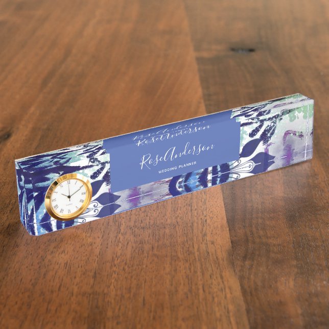 Modern Chic Blue and Purple Floral Typography Nameplate (Side)