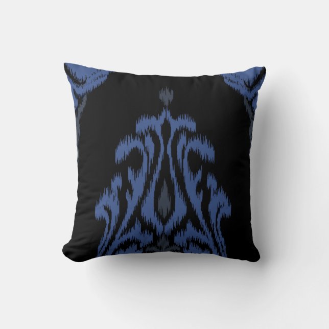 Modern chic blue black damask ikat pillow (Front)