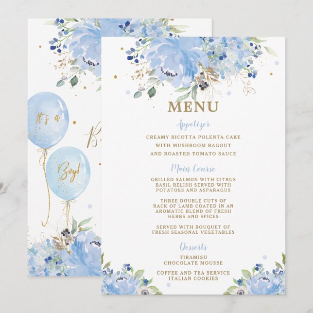 Modern Chic Blue Floral Balloons Baby Shower Menu (Front/Back)