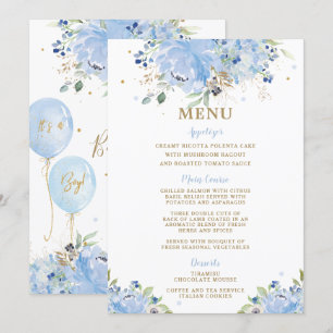 Modern Chic Blue Floral Balloons Baby Shower Menu