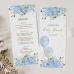 Modern Chic Blue Floral Balloons Baby Shower Menu<br><div class="desc">Designed to co-ordinate with our Chic Blue Floral Balloons collection,  personalise this menu card easily and quickly,  simply press the customise it button to further re-arrange and format the style and placement of the text.  Double sided.  (c) The Happy Cat Studio</div>