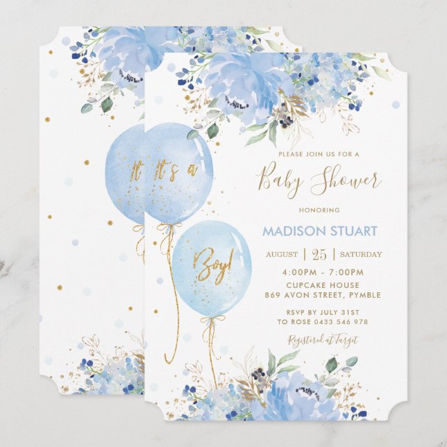 Modern Chic Blue Floral Balloons Boy Baby Shower I Invitation (Front/Back)