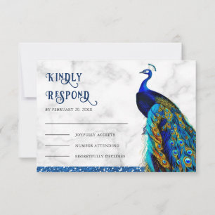 Modern Chic Blue Glitter Peacock Indian Wedding RSVP Card