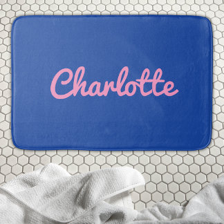 Modern Chic Blue Pink Preppy Custom Name Trendy Bath Mat