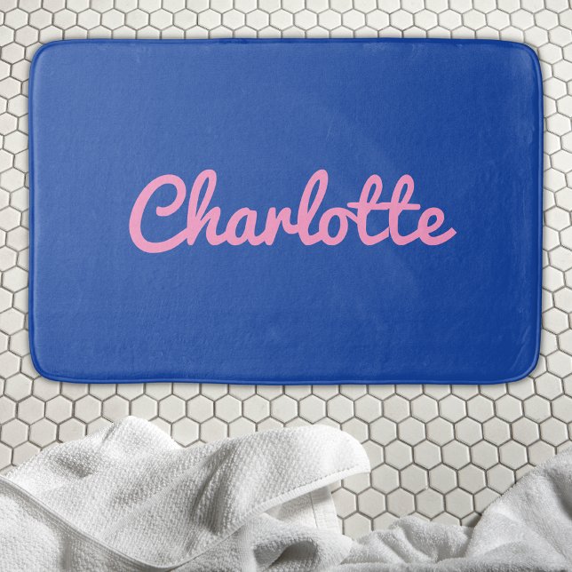 Modern Chic Blue Pink Preppy Custom Name Trendy Bath Mat (Creator Uploaded)