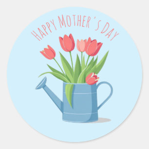 Modern Chic Blue Watering Can with Tulips Flowers Classic Round Sticker