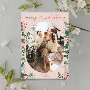 Modern Chic Blush Pink Oval Photo Christmas  Holiday Card