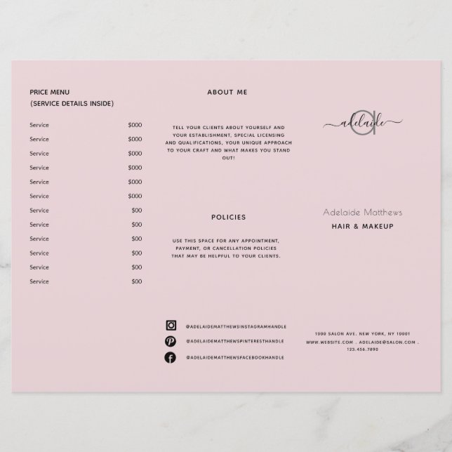 Modern Chic Blush Pink Salon Price Service Menu (Front)
