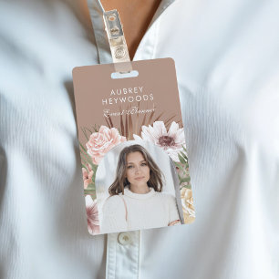 Modern Chic Bohemian Watercolor Florals Photo Arch ID Badge