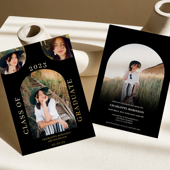 Modern chic boho arch black 4 photo graduation (Creator Uploaded)