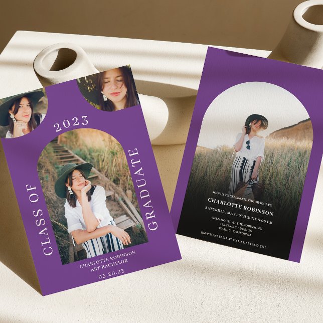 Modern chic boho arch purple 4 photo graduation invitation (Creator Uploaded)